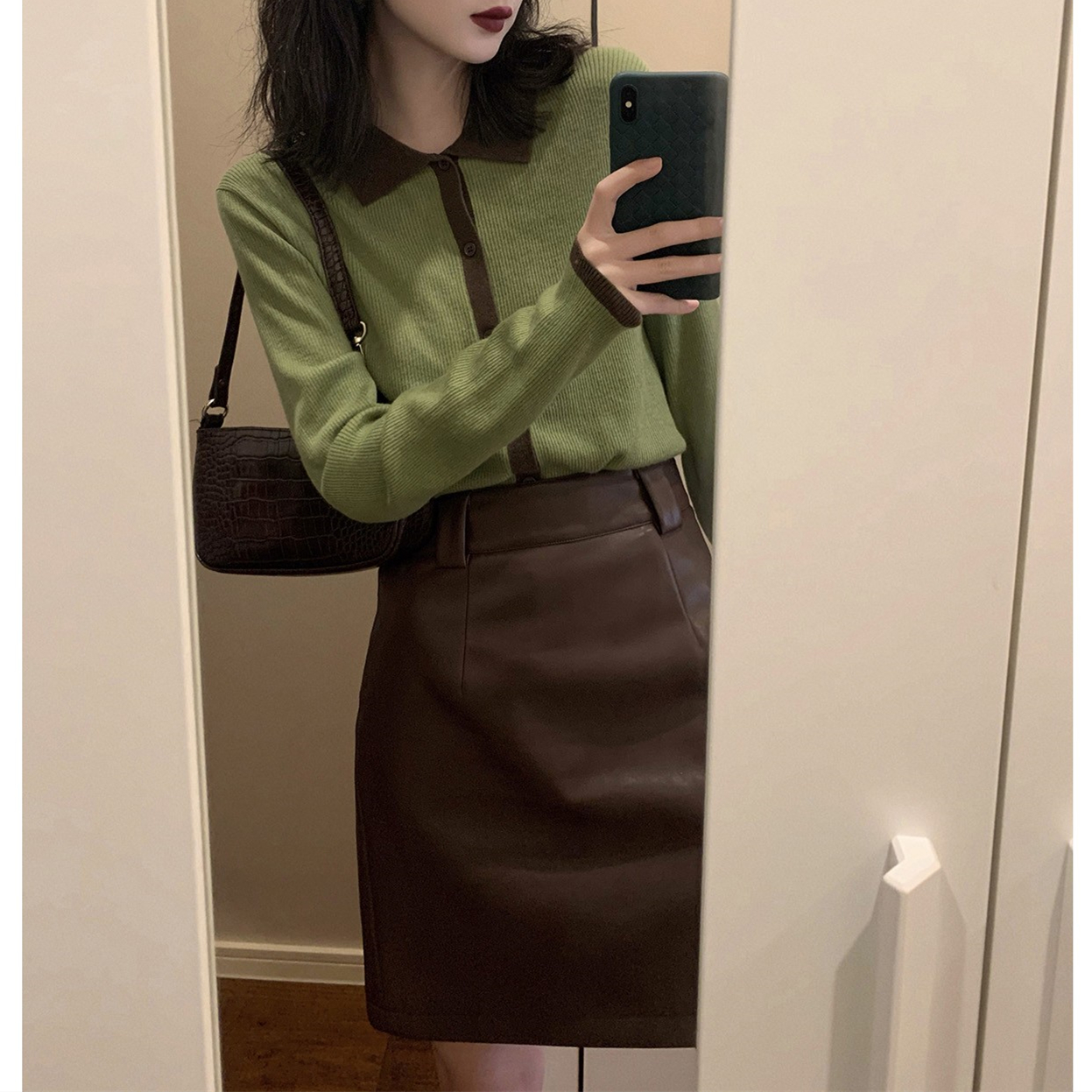 覆古撞色polo领针织衫小开衫上衣女春秋新款设计感小香风百搭毛衣