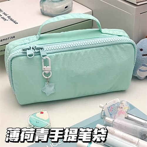 TFN蓝手提笔袋ins简约学生文具盒高颜值大容量女生铅笔盒收纳袋