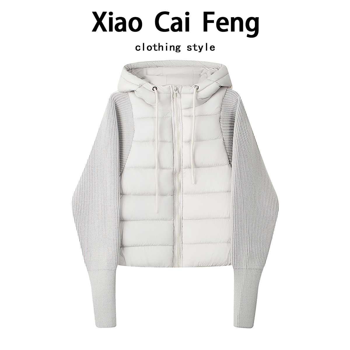 韩系休闲针织拼接羽绒棉衣外套女秋冬轻薄保暖连帽棉服假两件上衣