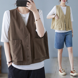 短款 胖mm宽松bf风大口袋坎肩无袖 上衣 马夹外套背心女夏季 复古工装