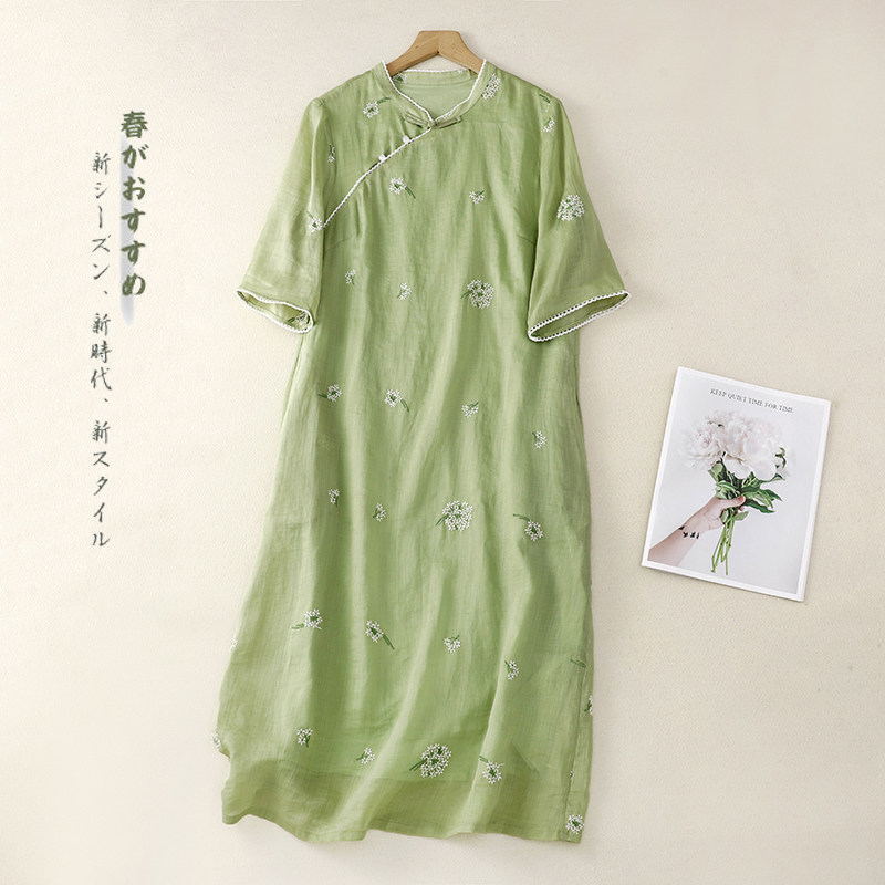 日单外贸出口新中式复古改良旗袍连衣裙女夏季复古刺绣苎麻连衣裙