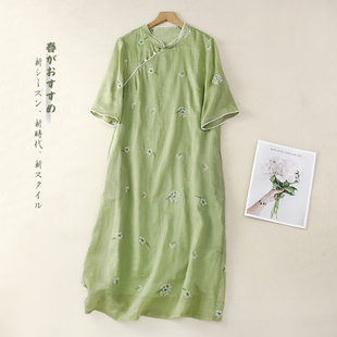 日单外贸出口新中式 复古刺绣苎麻连衣裙 复古改良旗袍连衣裙女夏季