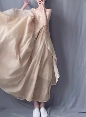 棉麻吊带裙女夏季文艺范超仙不规则压褶纯色无袖亚麻大摆打底长裙