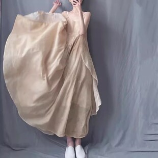 棉麻吊带裙女夏季文艺范超仙不规则压褶纯色无袖亚麻大摆打底长裙