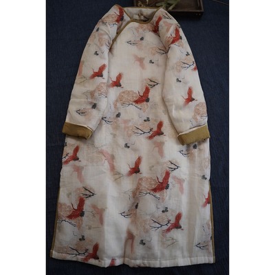 中式国风复古仙鹤印花夹棉旗袍裙女秋冬加厚保暖棉衣中长款连衣裙