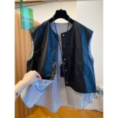 独特别致PU皮衣马甲女秋装 条纹拼接假两件马夹无袖 坎肩外套上衣潮