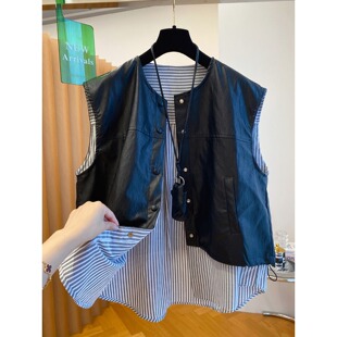 独特别致PU皮衣马甲女秋装条纹拼接假两件马夹无袖坎肩外套上衣潮