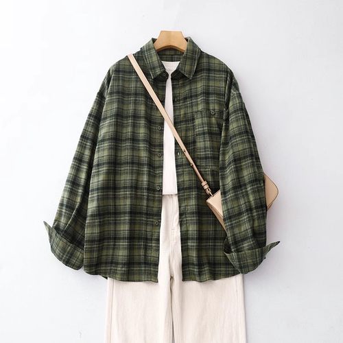 港风复古磨毛长袖格子衬衫女春秋新款宽松叠穿外搭衬衣高级感上衣