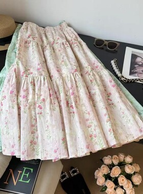 法式小清新粉绿色印花百褶半身裙女夏季温柔风气质显瘦碎花伞裙子