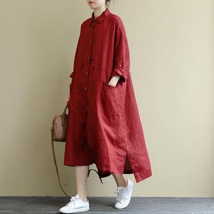 外贸原单意大利女装港味复古气质长款衬衫裙女宽松亚麻连衣裙