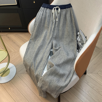 日系格纹撞色拼接亚麻阔腿裤女夏季轻薄高腰抽绳棉麻直筒休闲长裤