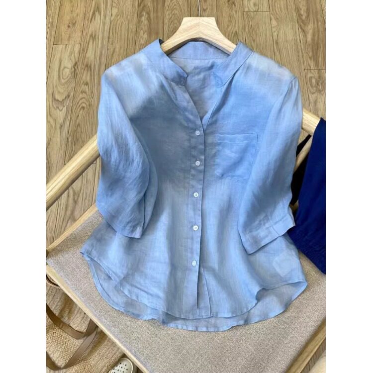 蓝色棉麻衬衫女休闲七分袖衬衣夏季轻薄小众宽松洋气通勤V领上衣