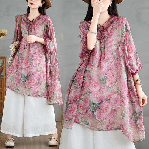 复古民族风印花苎麻衬衫女夏季薄款宽松休闲洋气系带中长款上衣潮