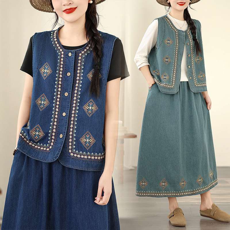 复古时尚刺绣圆领坎肩马甲+高腰显瘦中长A字半身裙休闲牛仔两件套,女装/女士精品,时尚套装,淘宝优惠券,粉丝福利购,淘宝优惠卷