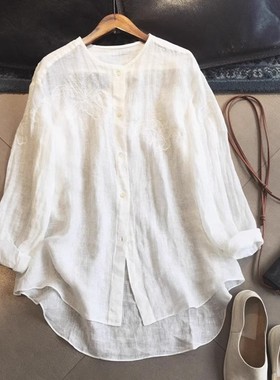 白色苎麻衬衫女夏季高级感刺绣天丝长袖薄款防晒衬衣休闲百搭上衣