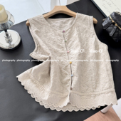 复古森系刺绣蕾丝拼接马甲背心女夏季 坎肩上衣潮 减龄彩扣叠穿无袖