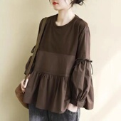 外贸出口日韩余单女装 上衣 设计感小众拼接t恤洋气减龄系带娃娃衫