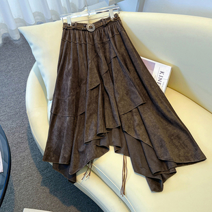 复古波西米亚风麂皮绒不规则半身裙女秋冬大码 a字裙 送腰带中长款