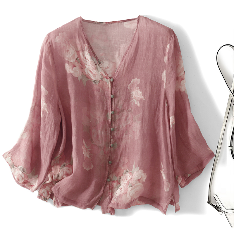 复古新中式印花苎麻衬衫女夏季文艺国风V领小衫高端轻薄茶服上衣