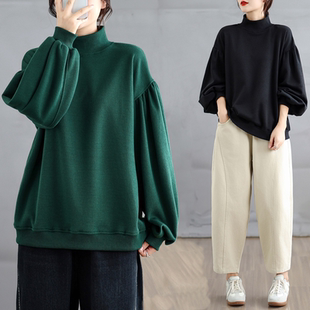 大码胖mm休闲时尚高领泡泡灯笼袖卫衣女秋冬新款宽松百搭套头上衣