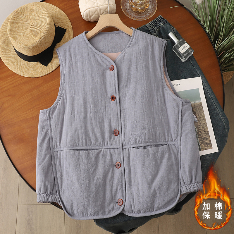 日系文艺亚麻无袖坎肩马甲背心女冬季款夹棉保暖叠穿外搭开衫马夹