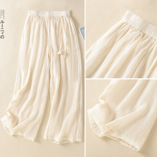 松紧腰双层棉麻九分直筒裤 复古国风苎麻休闲阔腿裤 裙裤 薄款 女夏季