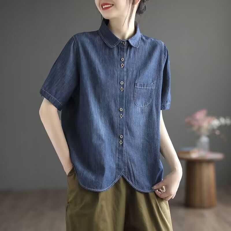 天丝牛仔短袖衬衫女夏季宽松薄款设计感小众衬衣通勤百搭开衫上衣
