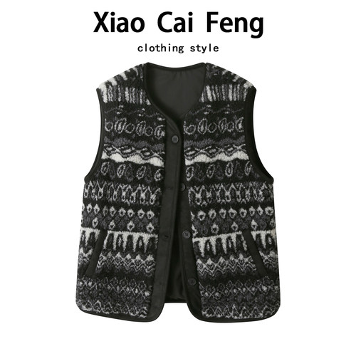 复古费尔岛提花羊羔绒马甲背心女秋冬高级感保暖无袖坎肩马夹外套