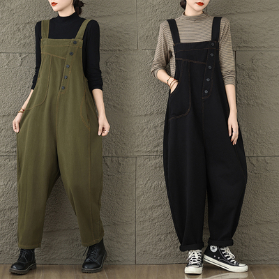 卡其色工装背带裤女春秋设计感小众宽松显瘦灯笼裤休闲连体裤垮裤