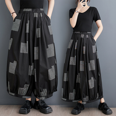 欧货个性印花休闲灯笼裤女夏季大码胖mm显瘦宽松垂感九分阔腿裤裙