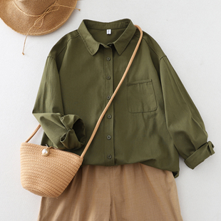 外贸出口原单日系文艺范绿色全棉衬衫 女休闲百搭叠穿不规则上衣潮