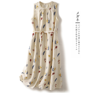 海边度假甜美减龄棉麻背心裙女夏季收腰系带休闲无袖刺绣连衣裙潮