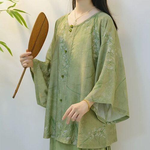 复古国风苎麻九分袖衬衫女夏季新款宽松显瘦超好看棉麻防晒衫上衣