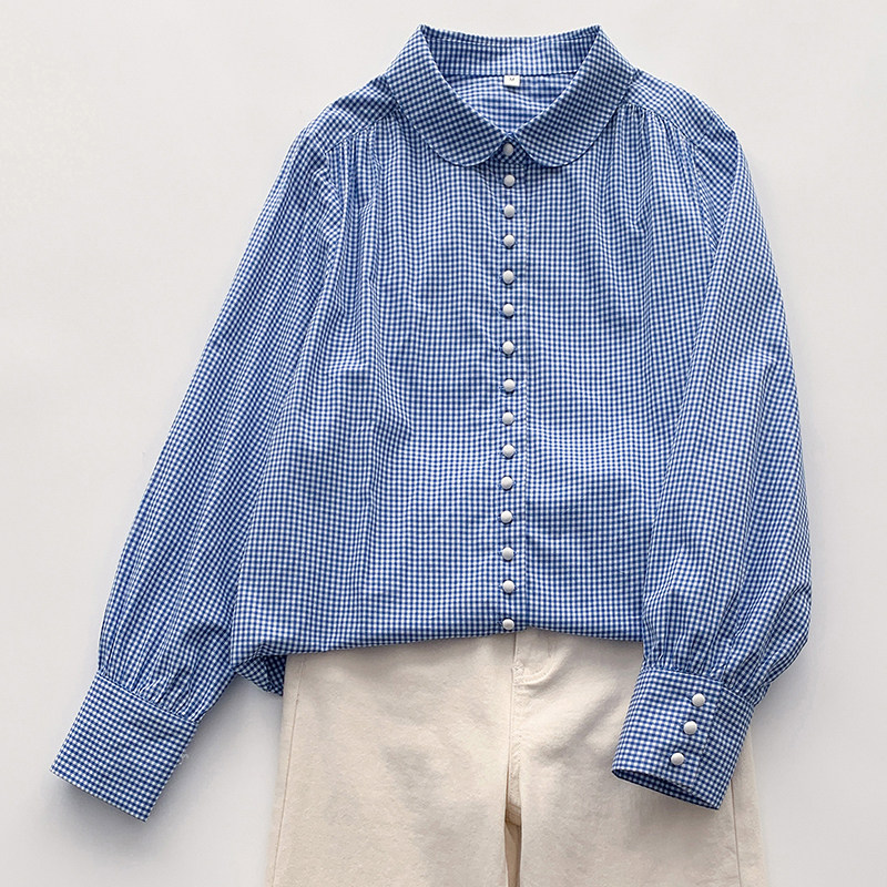 日系复古蓝白格子衬衫女春夏宽松小众百搭文艺范彼得潘领长袖上衣