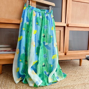 法式彩色油画碎花苎麻半身裙女夏季度假风晕染棉麻海边沙滩长裙子