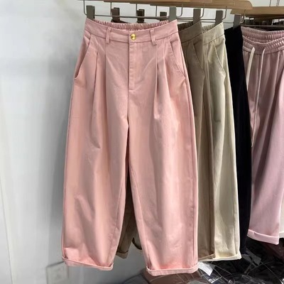 大码简约日系高腰老爹裤女夏季通勤百搭宽松直筒阔腿九分休闲裤潮