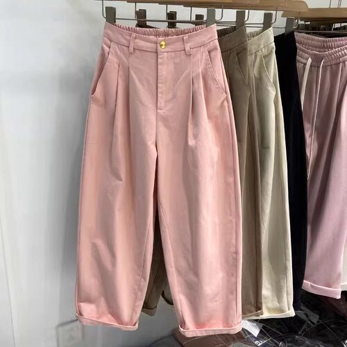 大码简约日系高腰老爹裤女夏季通勤百搭宽松直筒阔腿九分休闲裤潮