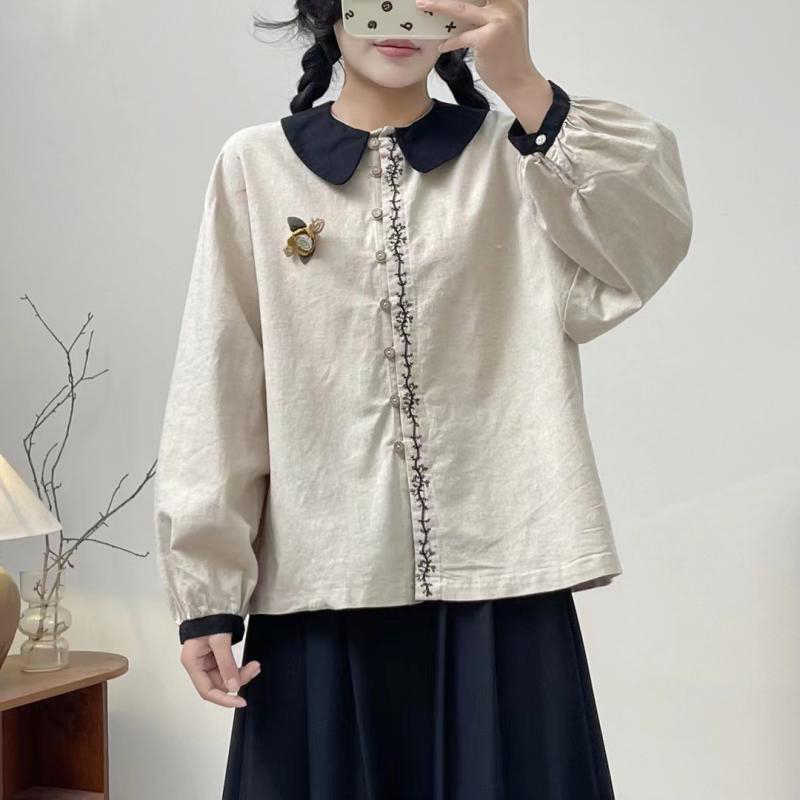 日系甜美撞色娃娃领棉麻长袖衬衫女春秋设计感刺绣衬衣减龄上衣潮