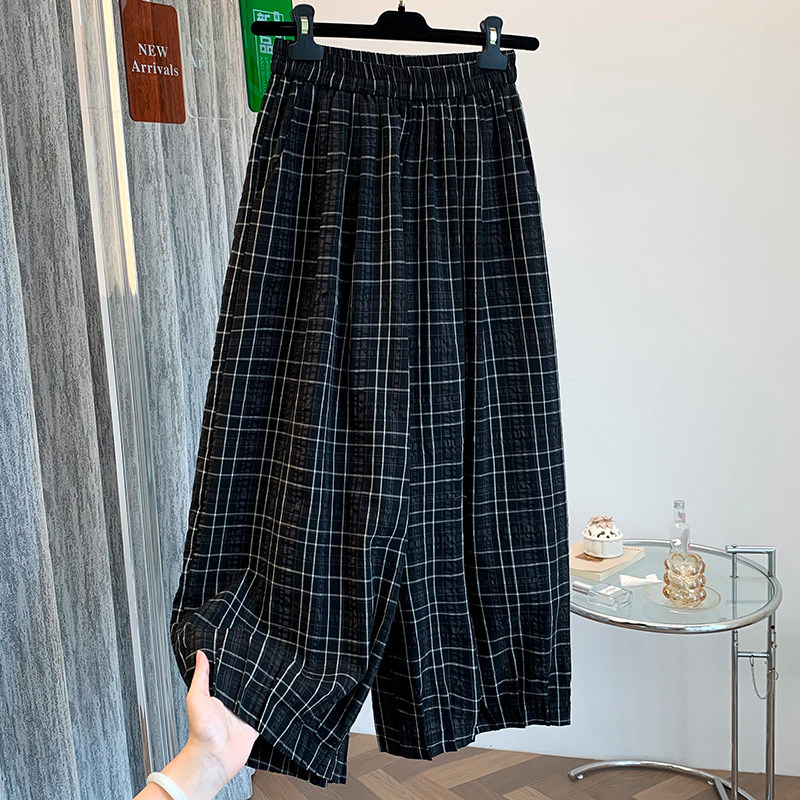 日系格子亚麻遛弯哈伦裤女夏季垂感显瘦休闲阔腿裤棉麻九分灯笼裤