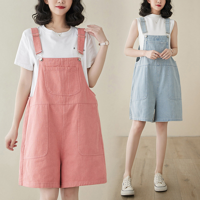 粉色牛仔背带短裤女夏季洋气减龄宽松五分阔腿裤休闲吊带连体裤潮