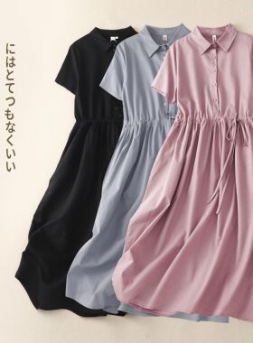 外贸原单棉麻纯色衬衫裙女夏季中长款休闲系带收腰显瘦气质连衣裙