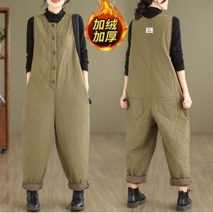 复古高级感夹棉加厚背带裤女冬季宽松休闲外穿羽绒棉裤工装连衣裤