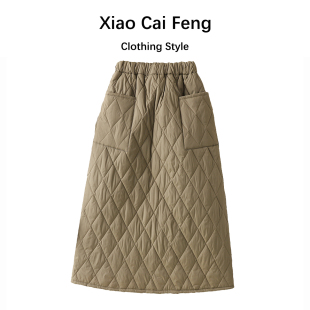 羽绒棉半身裙女士冬季 高腰保暖防寒挡风加厚菱格夹棉a字中长裙子