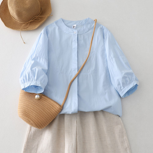 外贸日系原单文艺范浅蓝色衬衫女夏季宽松灯笼袖宽松衬衣百搭上衣