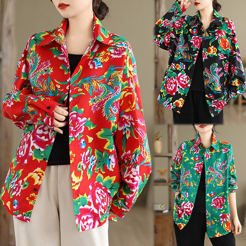 复古东北大花棉麻衬衫女春秋新款洋气国潮印花长袖衬衣百搭上衣潮