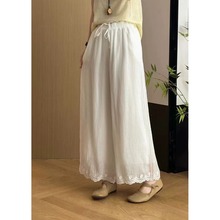 白色双层苎麻花边刺绣阔腿裤女夏季薄款裤子大码宽松休闲亚麻裤子