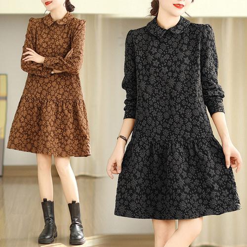 外贸出口意大利原单洋气提花连衣裙秋冬高级感荷叶边拼接中长裙潮