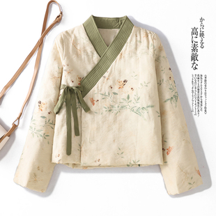 新中式 保暖文艺斜襟立领复古外套夹棉汉服棉衣 国风印花棉袄女冬季