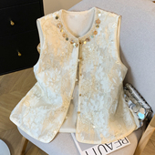 开叉背心上衣 国风圆领马夹无袖 洋气重工刺绣钩花马甲女夏季 新中式