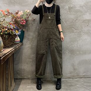 欧货2026春秋新款大码休闲直筒阔腿灯芯绒背带裤女百搭时尚连体裤
